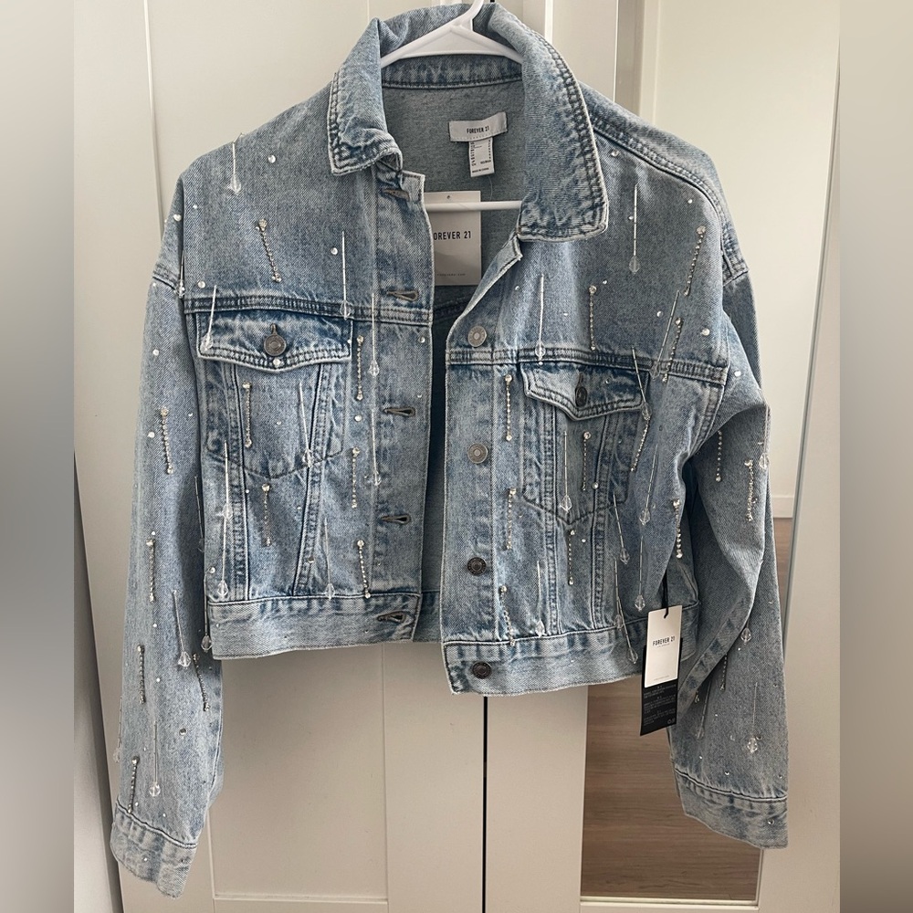 Forever 21 Cropped Rhinestone Denim Jacket